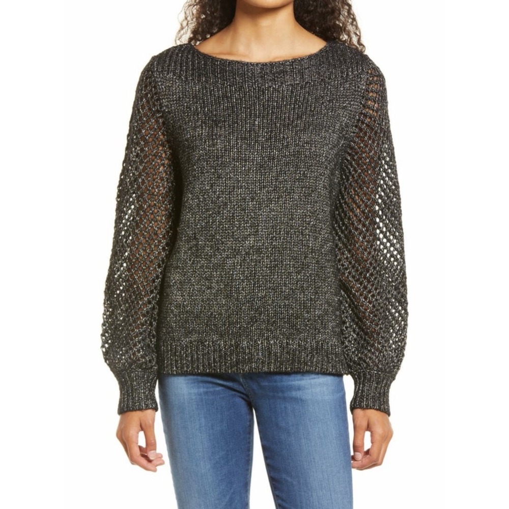 NWT Tommy Bahama Shimmer Balloon Sleeve Black Metallic Wool Blend Sweater
